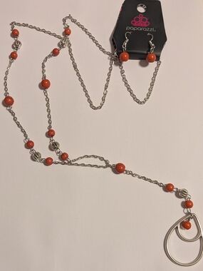 paparazzi Orange Bead Silver Chain Lariat Necklace with Earrings